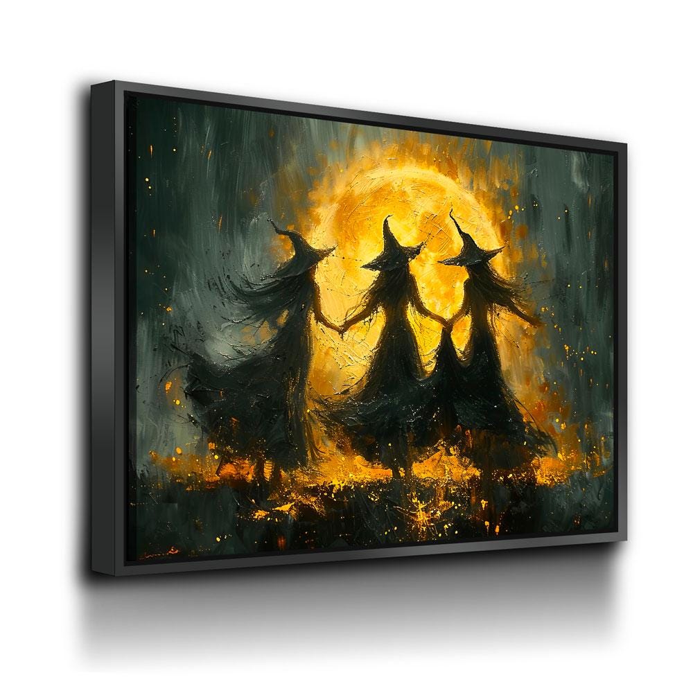 Witches Dancing Around The Fire Canvas Wall Art, Gothic Decor, Halloween Decor, Halloween Hanging, Witch Decor, Pagan Art Print, Hallows Eve